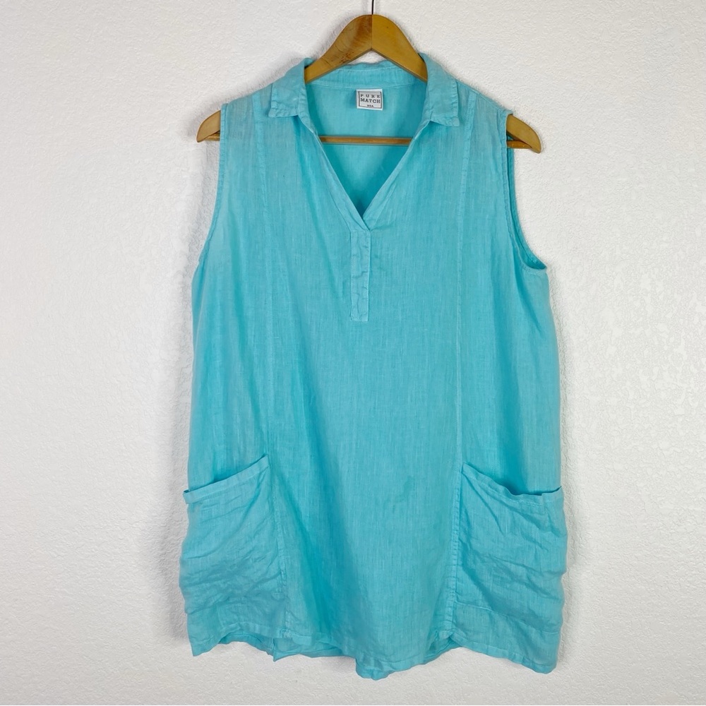 Pure Match Turquoise Blue 100% Linen Tunic Top